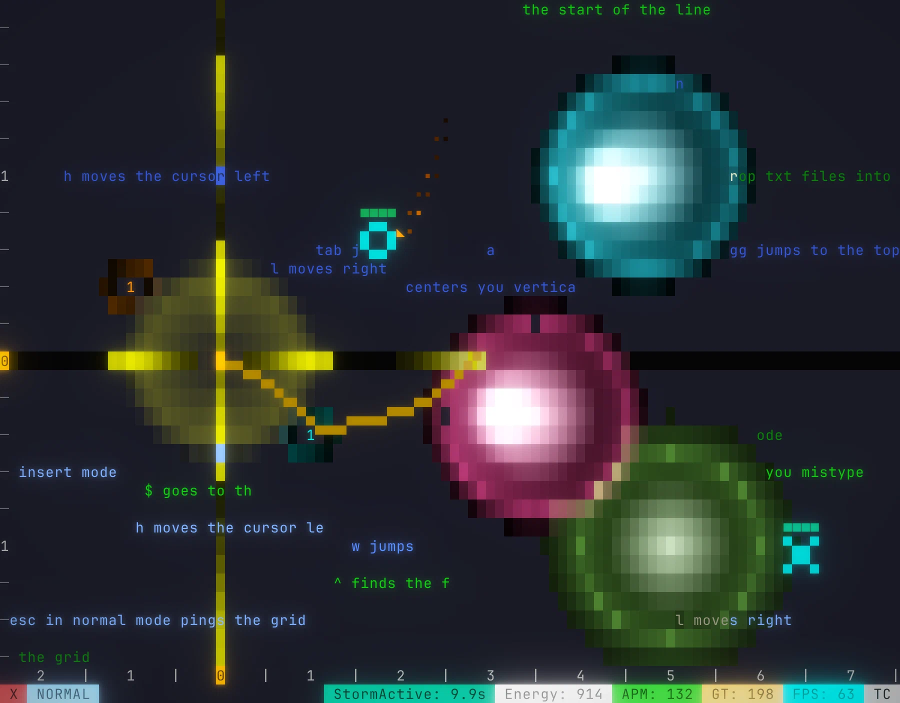 ViF in a terminal: the player's cursor, an orange block in its shield, fires lightning from one orb and a missile from another while its main gun's tracers run along its row and column, at the three spheres of the Storm and two swarms, among the game's tutorial lines