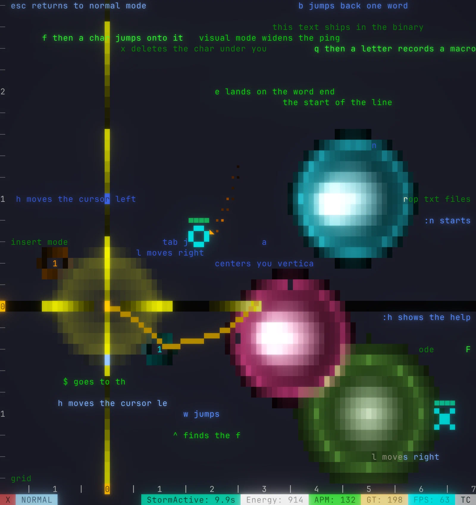 ViF in a terminal: the player's cursor, an orange block in its shield, fires lightning from one orb and a missile from another while its main gun's tracers run along its row and column, at the three spheres of the Storm and two swarms, among the game's tutorial lines