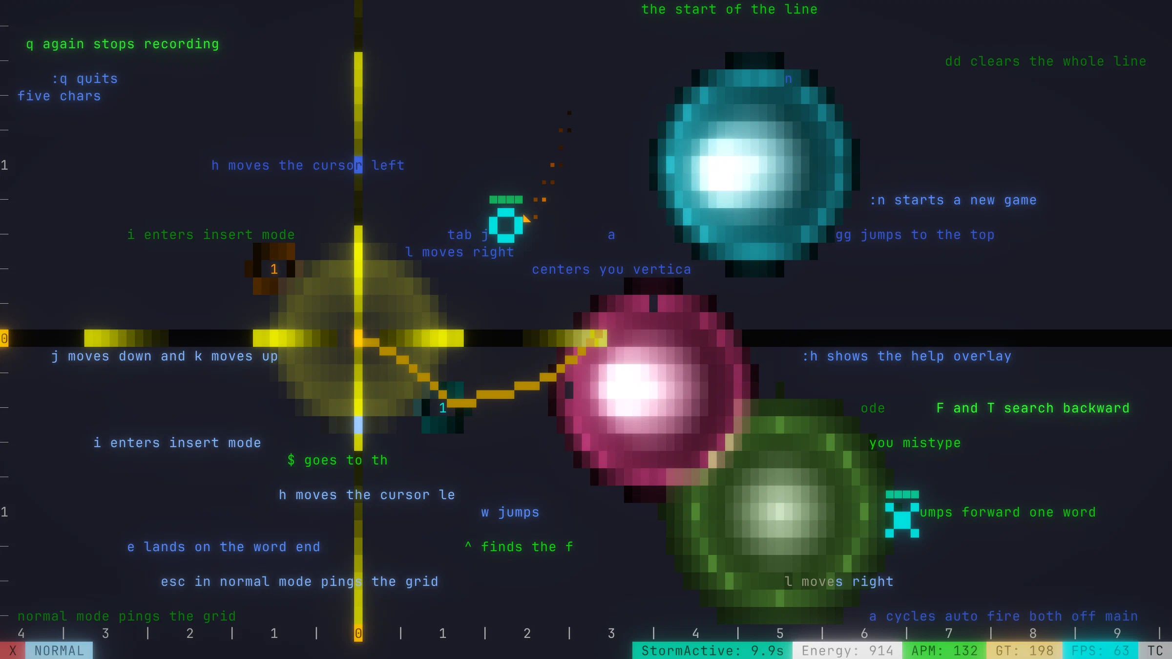 ViF in a terminal: the player's cursor, an orange block in its shield, fires lightning from one orb and a missile from another while its main gun's tracers run along its row and column, at the three spheres of the Storm and two swarms, among the game's tutorial lines